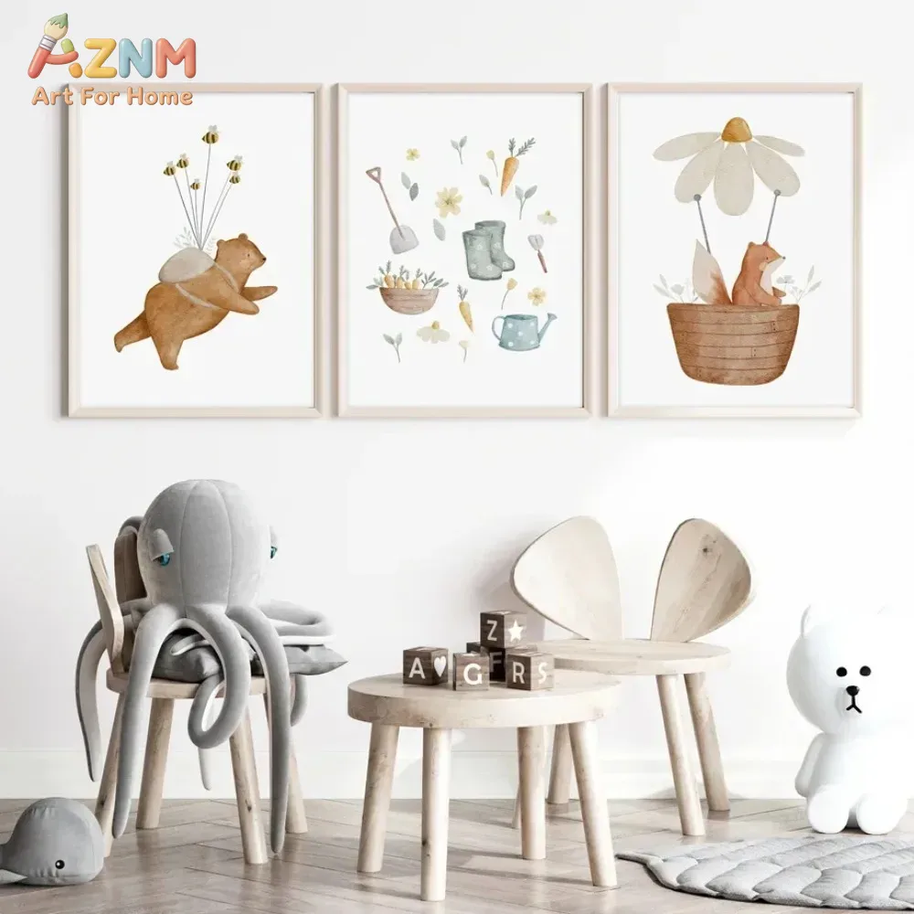 Baby Nursery Frames - AZNM Watercolor Bear Fox Animal Canvas