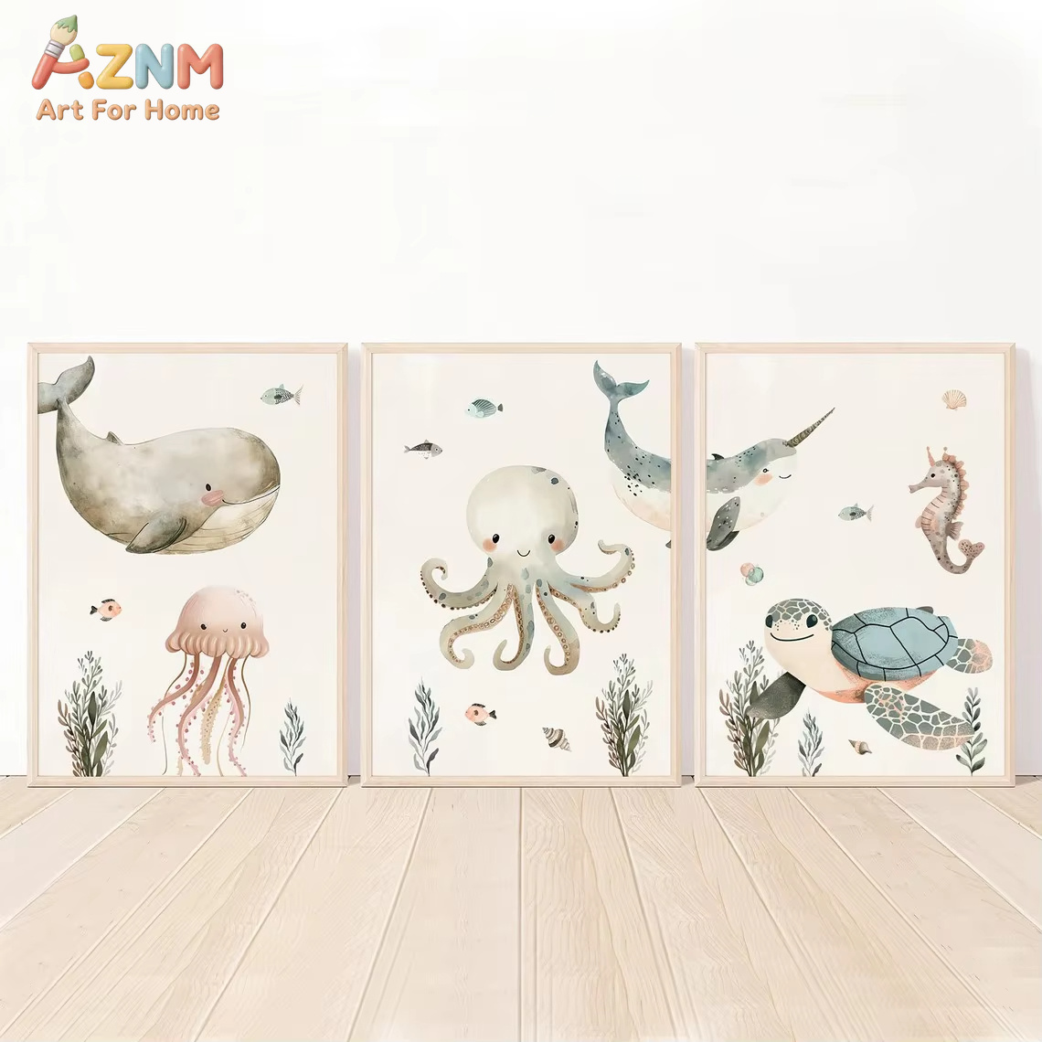 Baby Nursery Art - AZNM Watercolor Cute Ocean Animal Canvas