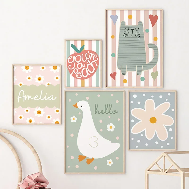 Baby Nursery Kids - Cartoon Cat Duck Bird Apple Custom