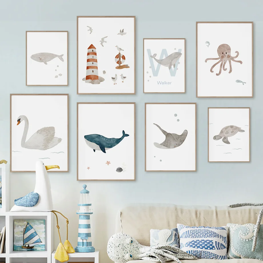 Baby Nursery Kids - Name Whale Octopus Turtle Swan Sea