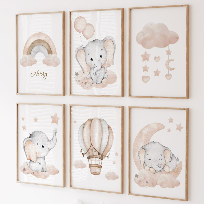 Baby Nursery Kids - Cute Elephant Hot Balloon Moon Rainbow