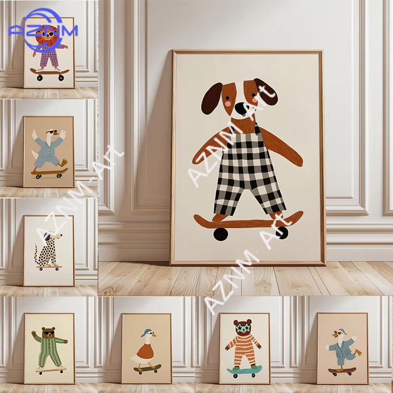 Baby Nursery Products - 1PC Funny Animal Skateboarding Poster Trendy