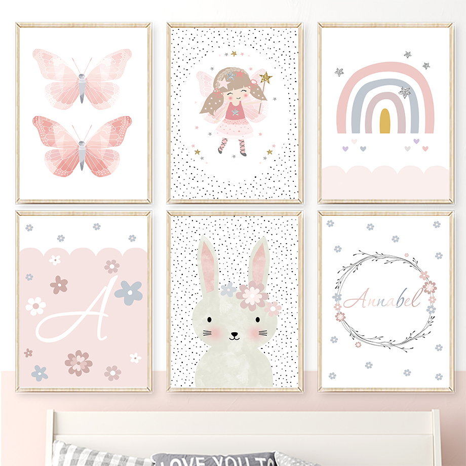 Baby Nursery Kids - Cute Girl Rabbit Flower Butterfly Rainbow
